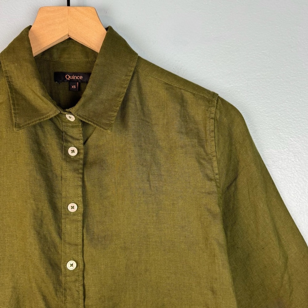 Quince European Linen Long Sleeve Shirt Women XS Olive Green Button Up Beach Top